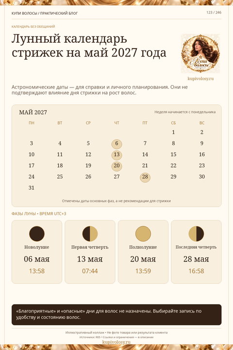 Иллюстрация к статье «Лунный календарь стрижек на май 2027 года: астрономические даты без обещаний роста»