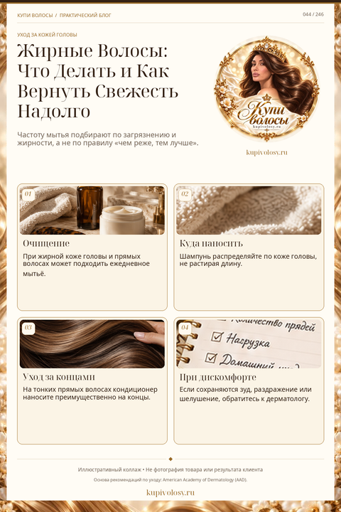 Иллюстрация к статье «Жирные волосы: как выбрать частоту мытья и сохранить комфорт кожи»