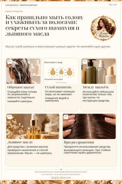 Иллюстрация к статье «Мытьё головы, сухой шампунь и льняное масло: три разные задачи»