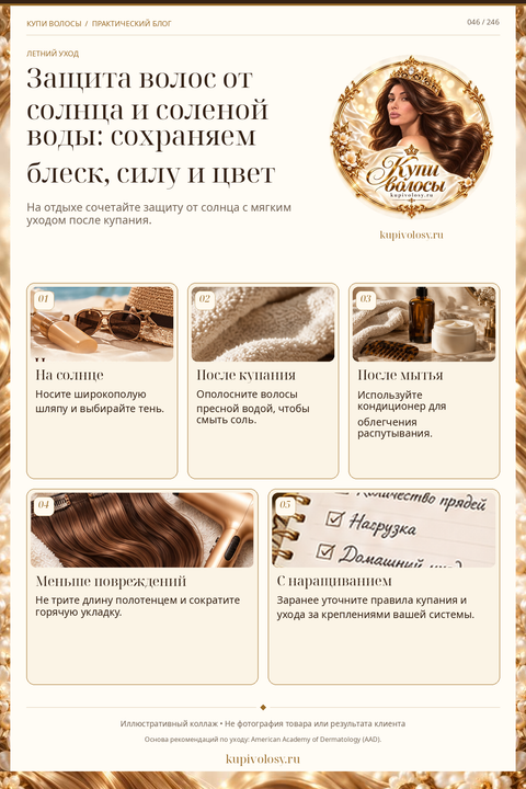 Иллюстрация к статье «Волосы на солнце и после моря: как совместить защиту и уход»